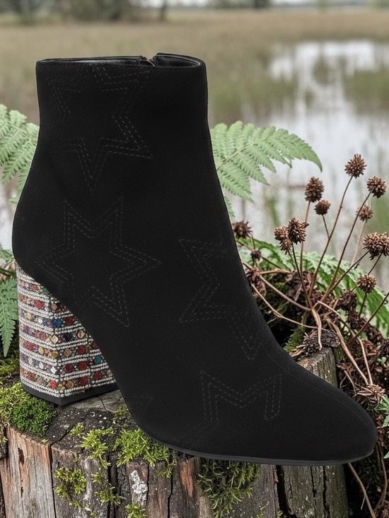 Betsey Johnson Shoes - Betsey Johnson Black Star Embroidered Ankle Boots with Beaded Block Heel